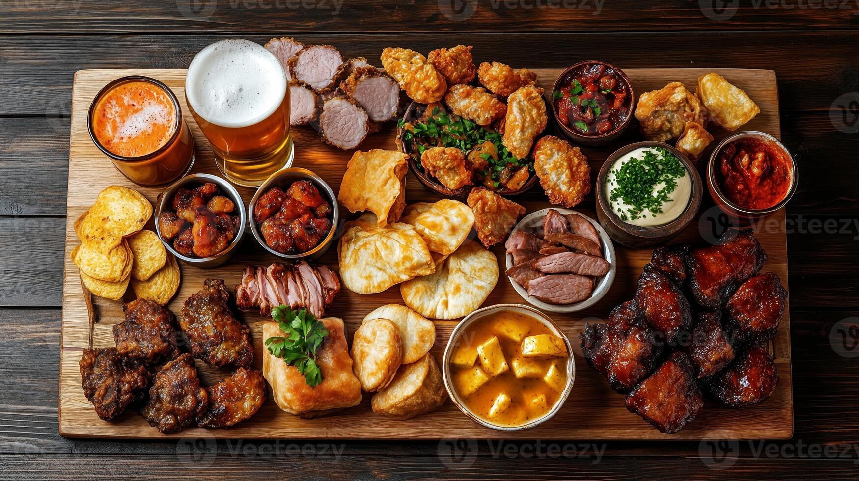 A vibrant spread of diverse appetizers and snacks served on a wooden platter accompanied by refreshing beverages photo