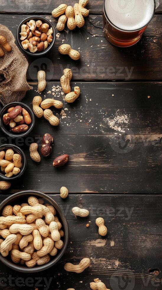 A rustic wooden table adorned with bowls of assorted nuts and a pint of beer for a social gathering photo