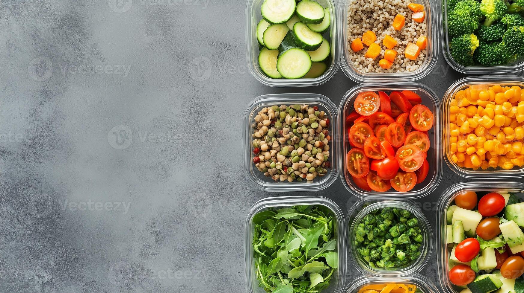 Colorful assortment of fresh vegetables and legumes in meal prep containers arranged on a gray surface for healthy eating photo
