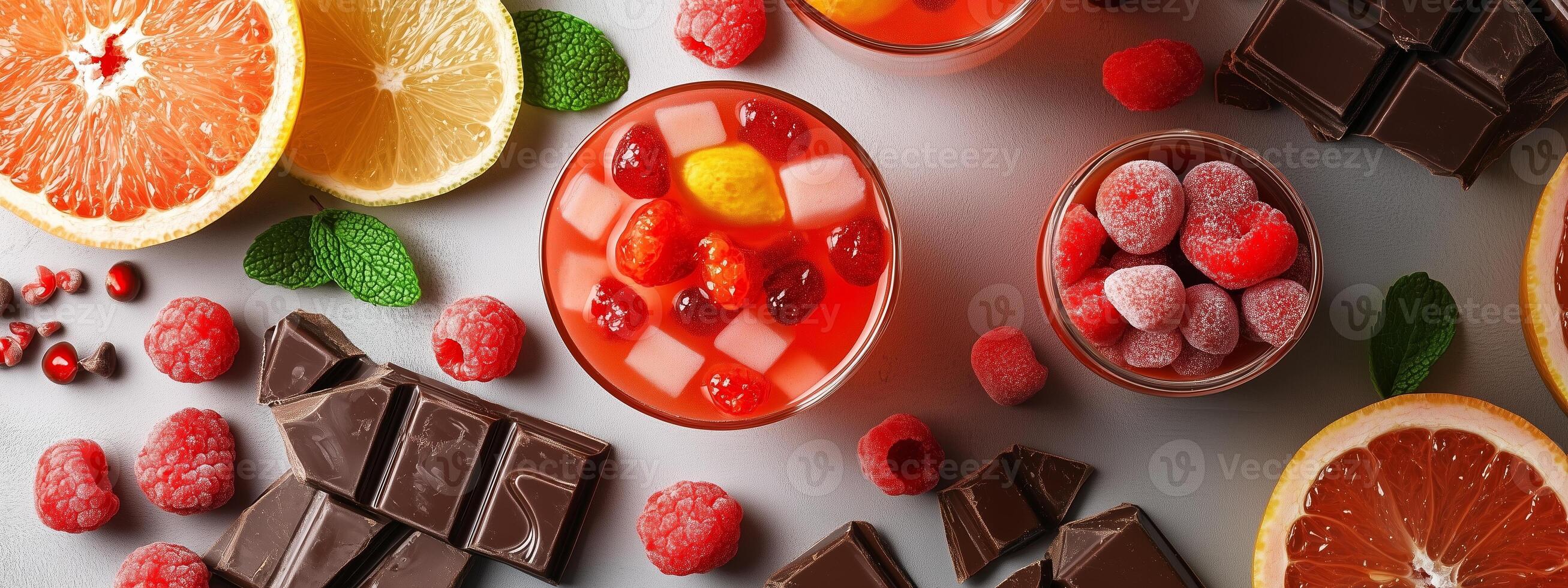 Colorful assorted fruit and dessert cocktails arranged on a table with fresh ingredients and rich chocolate, showcasing a vibrant feast photo