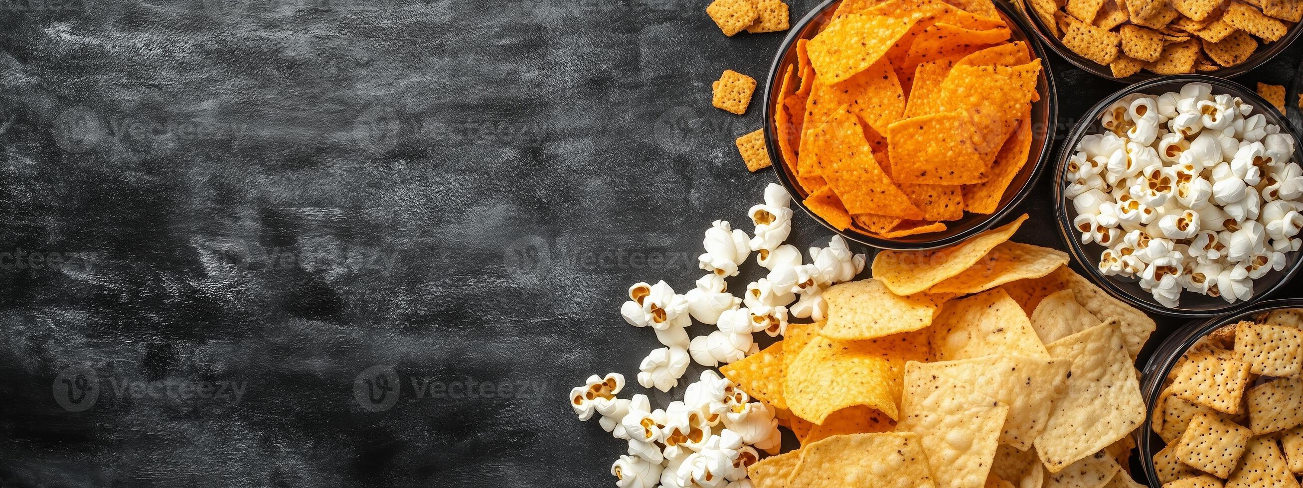 A colorful spread of crunchy snacks including popcorn, tortilla chips, and crackers on a dark, textured surface ready for sharing photo