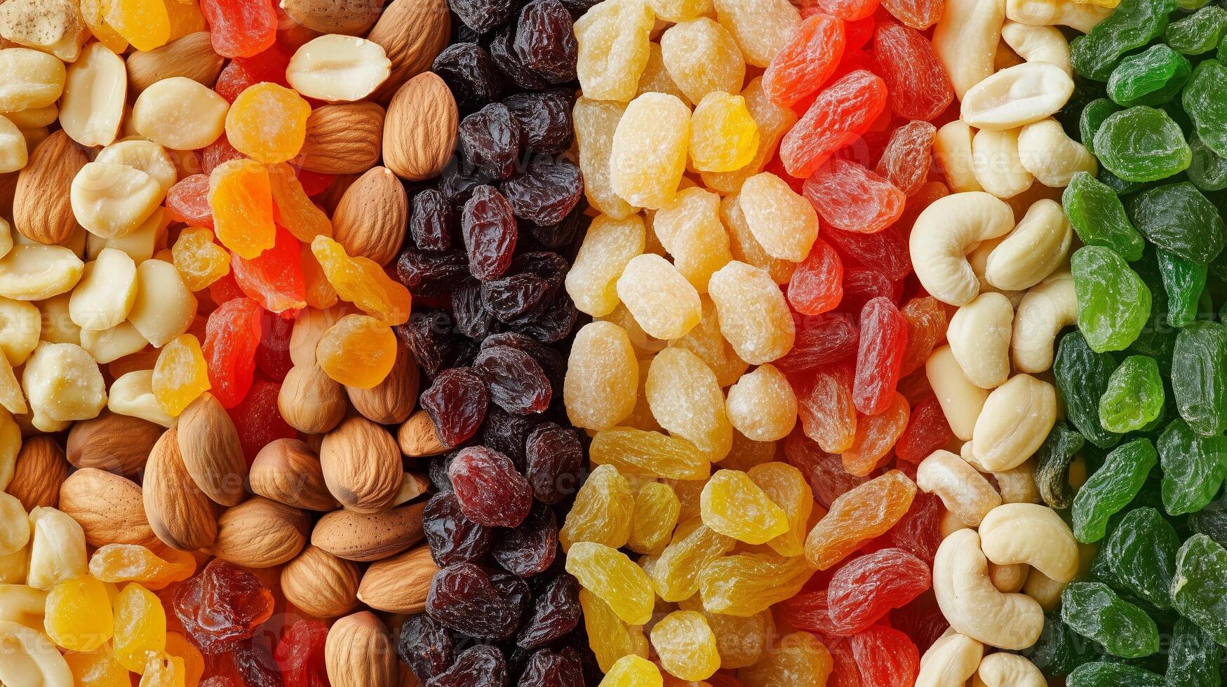 Colorful assortment of dried fruits and nuts arranged neatly on a wooden surface showcasing variety and texture photo