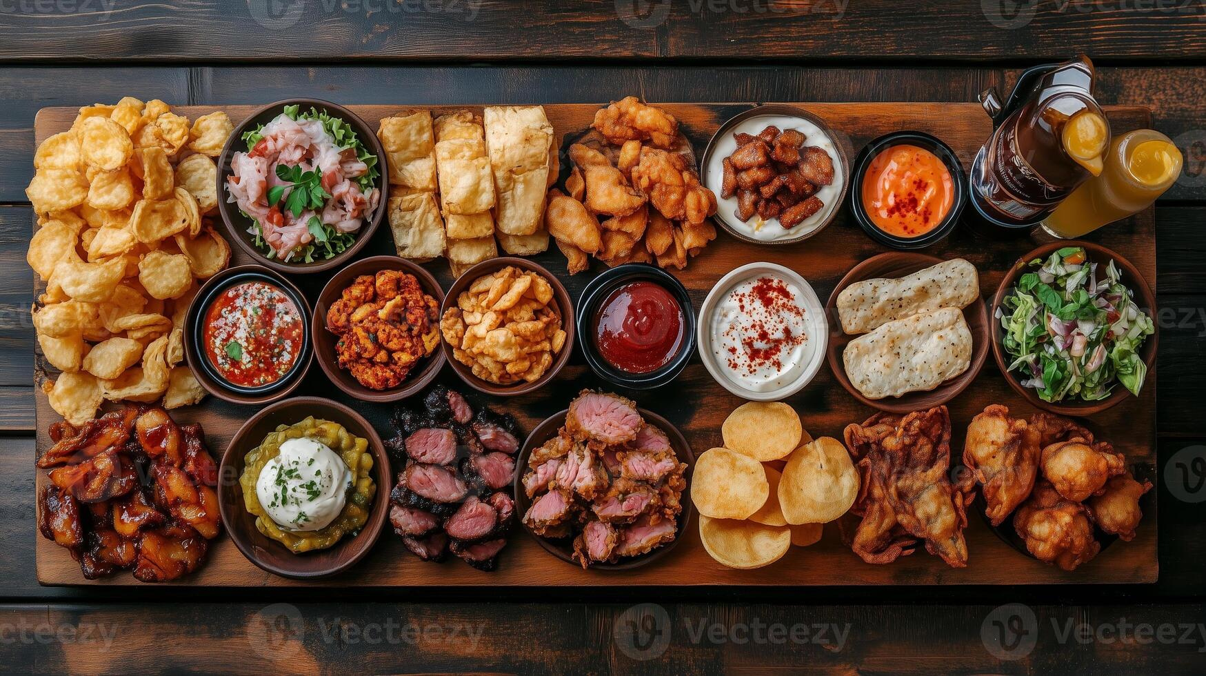 A vibrant spread of various dishes served on a wooden platter, highlighting the fusion of flavors in a festive dining setting photo
