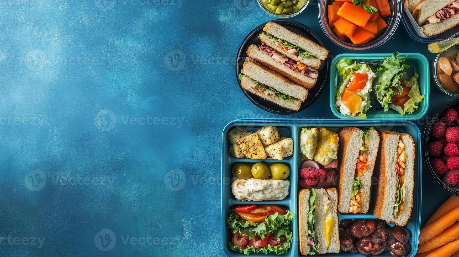 Healthy lunch meal prep with colorful sandwiches, fresh vegetables, and fruits arranged in containers on a blue background photo
