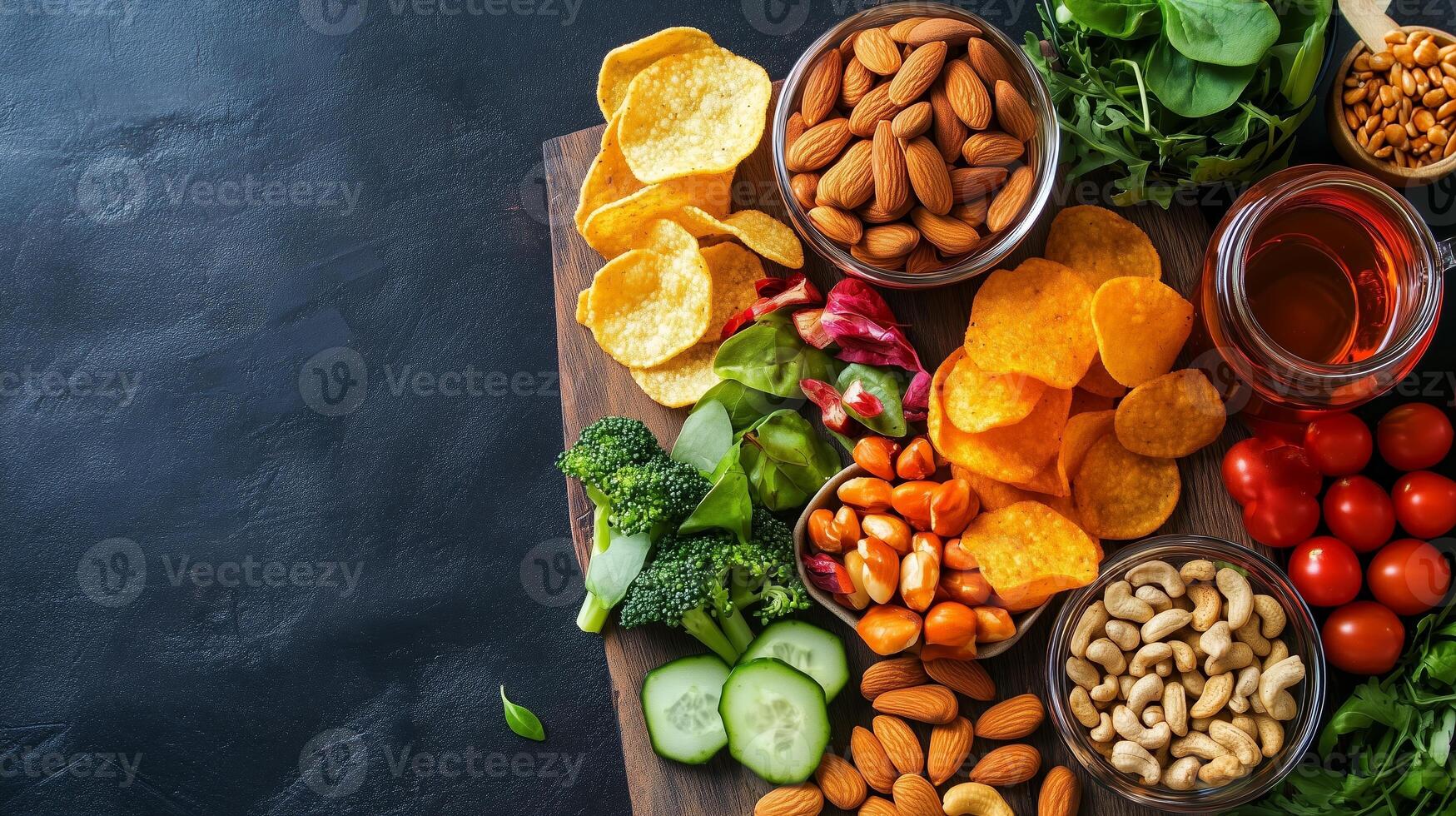 Vibrant assortment of fresh crunchy vegetables, nuts, and healthy snacks on wooden board