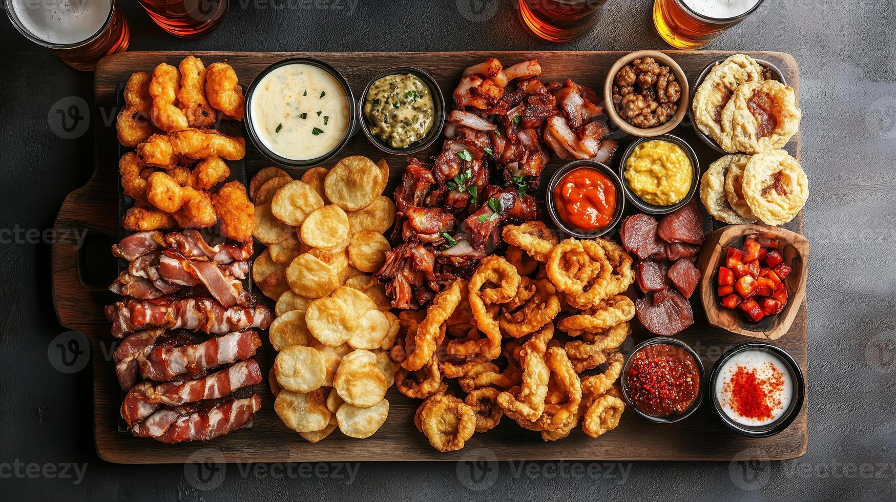 A rustic platter featuring a variety of meats, dips, and snacks, enjoyed with craft beers in a cozy setting photo