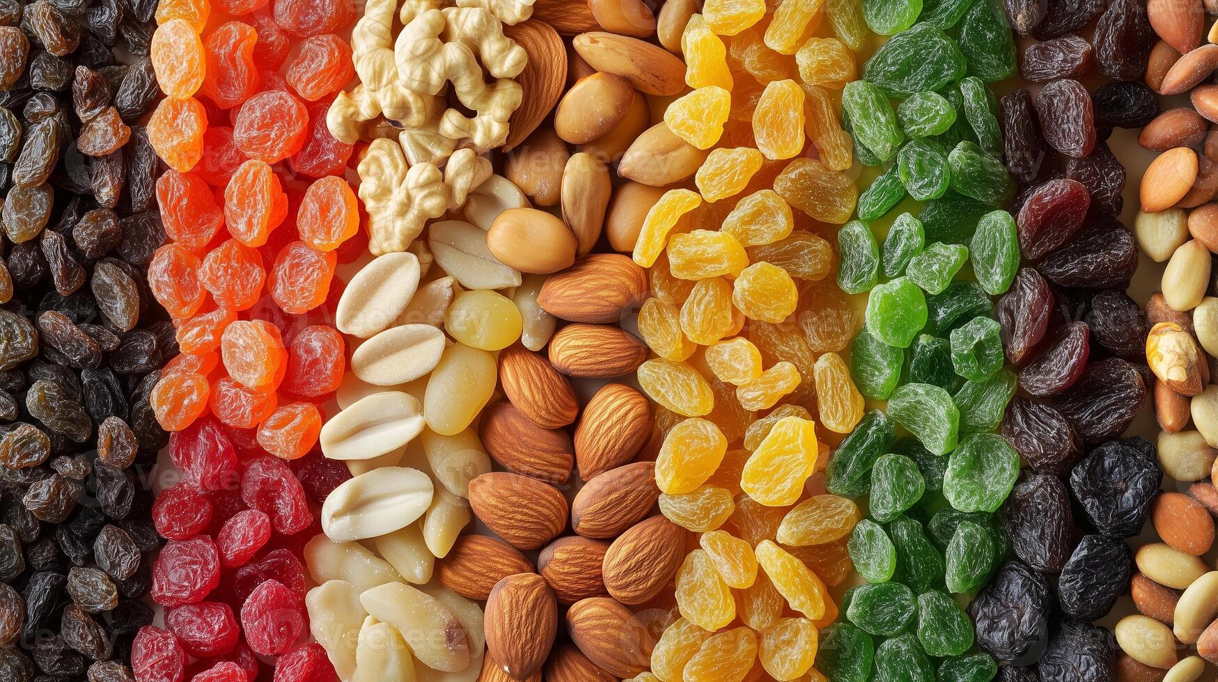 A vibrant display of assorted dried fruits and nuts arranged in colorful patterns for healthy snacking choices in a well-lit kitchen photo