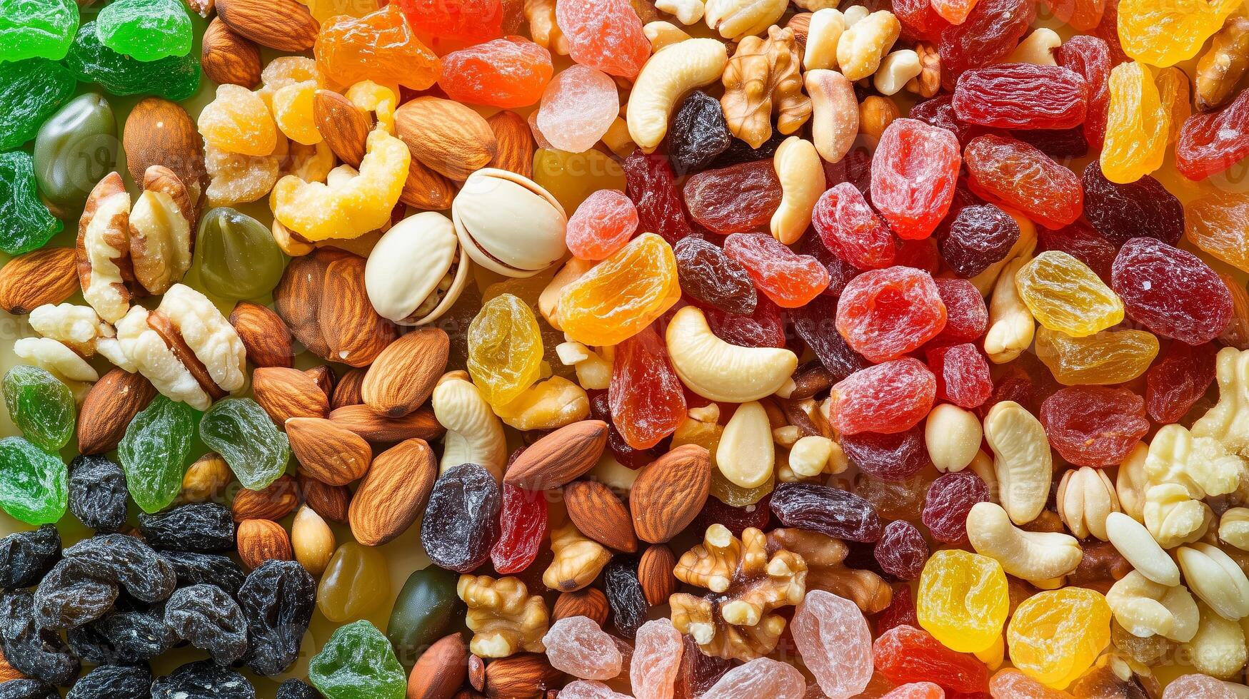 A vibrant assortment of nuts and dried fruits beautifully arranged on a wooden surface for healthy snacking options in natural light photo