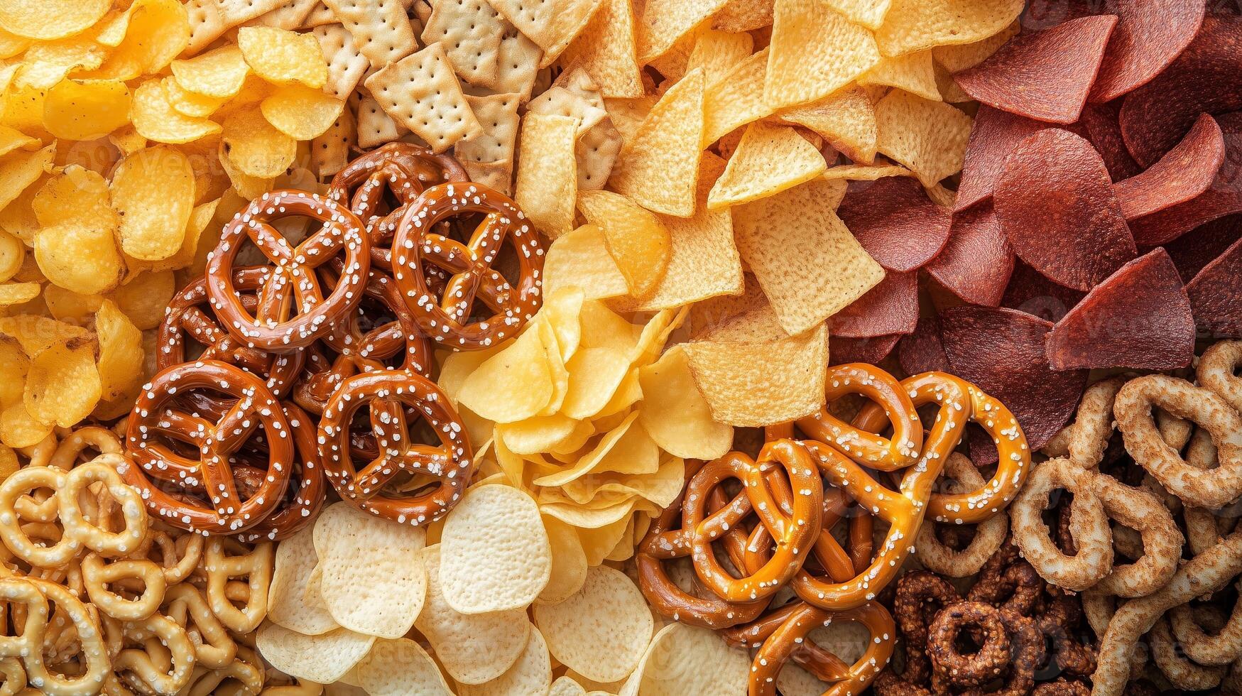 A colorful assortment of snacks featuring chips, pretzels, and crackers arranged in a vibrant display for a celebration or gathering photo