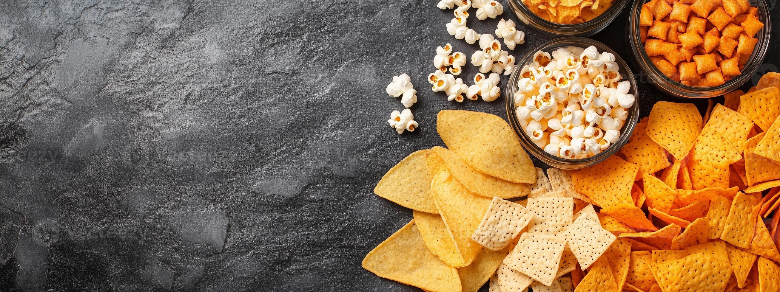 Snack spread featuring popcorn, tortilla chips, and sweet potato bites on a dark stone background photo