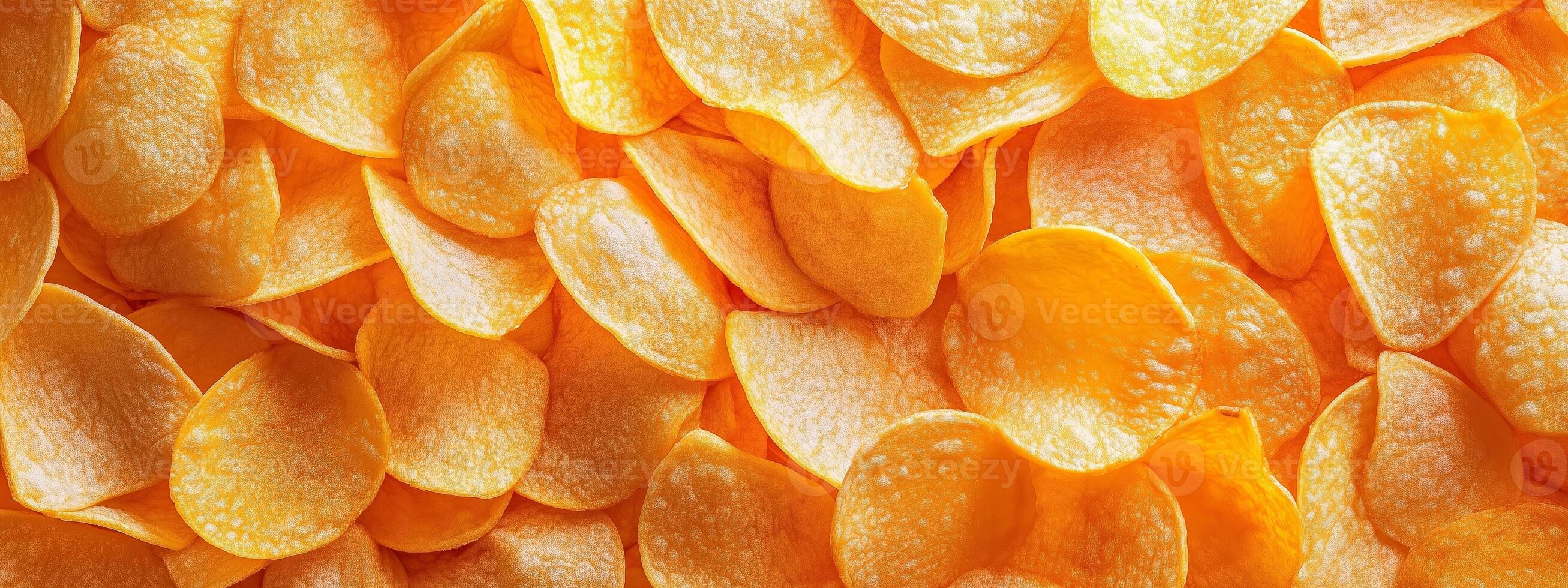 Crunchy orange potato chips spread out on a textured surface, creating a vibrant and appetizing display for snack lovers photo