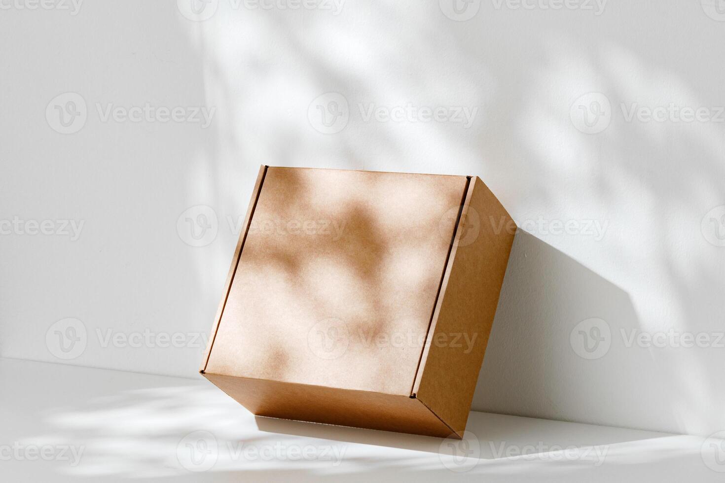 Simple brown cardboard box positioned on a white surface with soft angled shadows in natural light photo