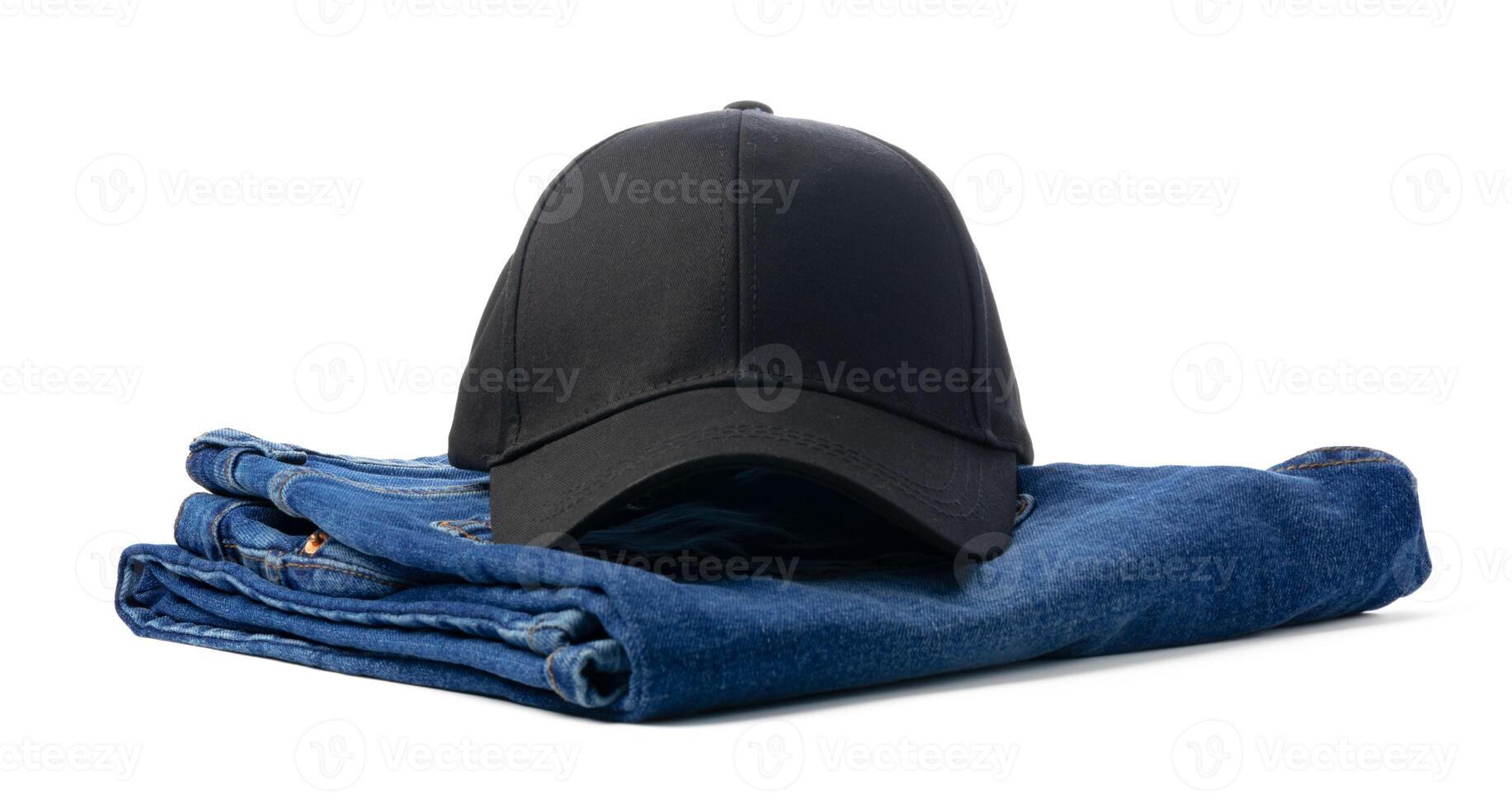 Black Hat and Jeans on White Background photo