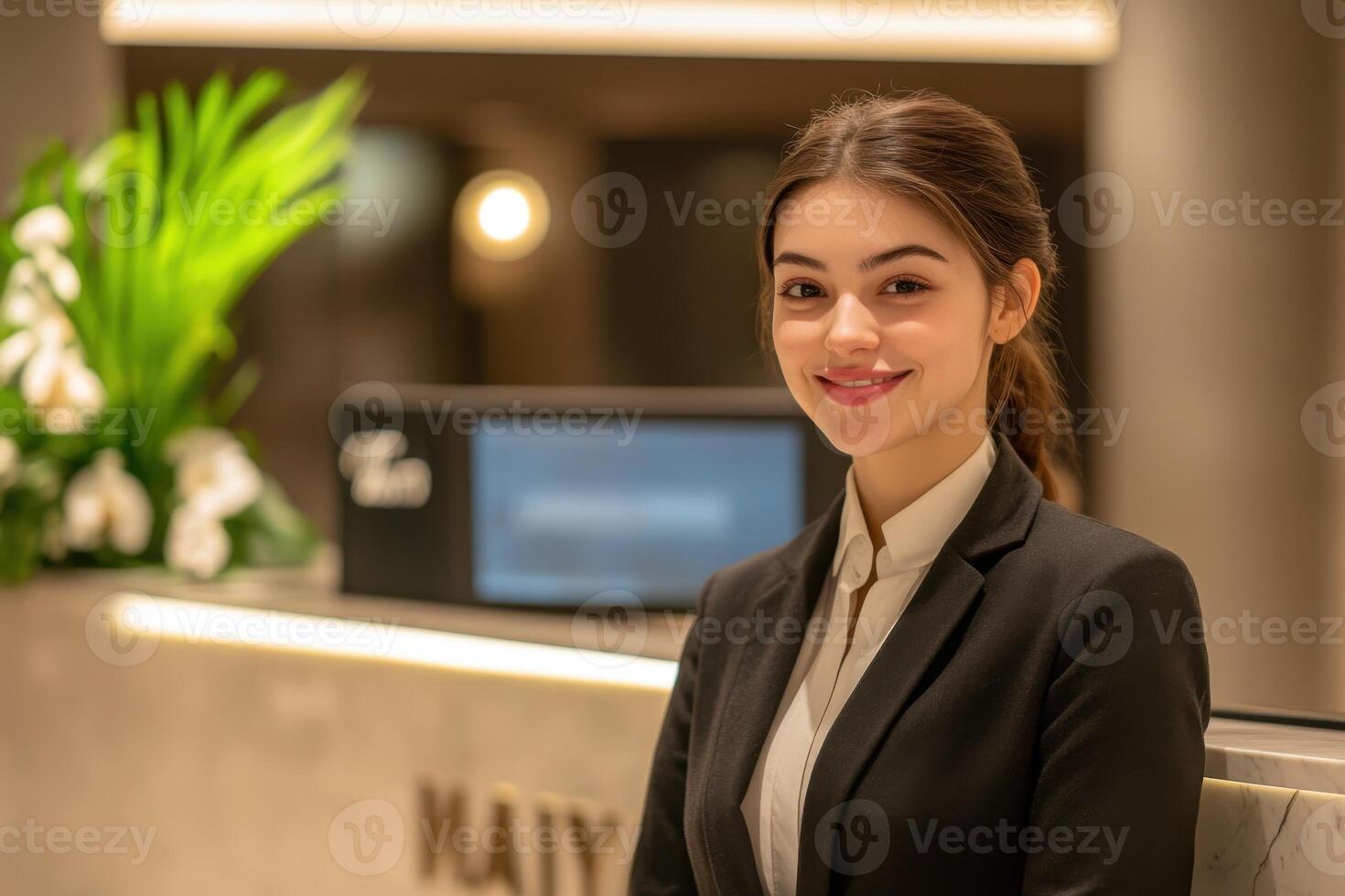 A young woman in a business suit standing in front of a hotel photo