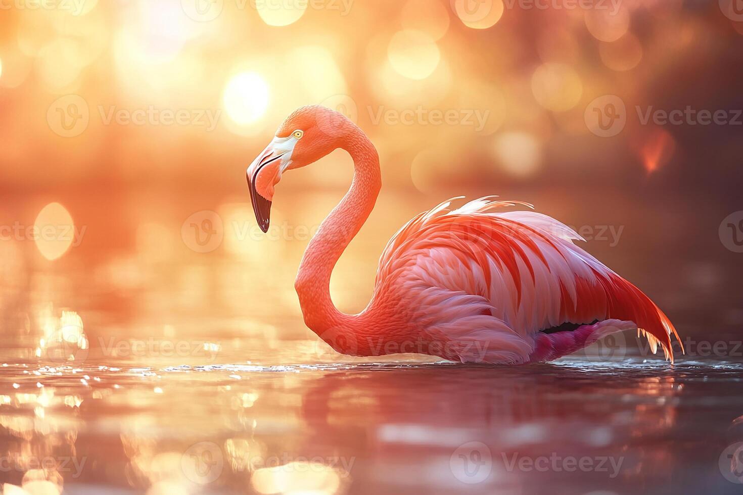 A full body flamingo on the water on it beautiful background photo