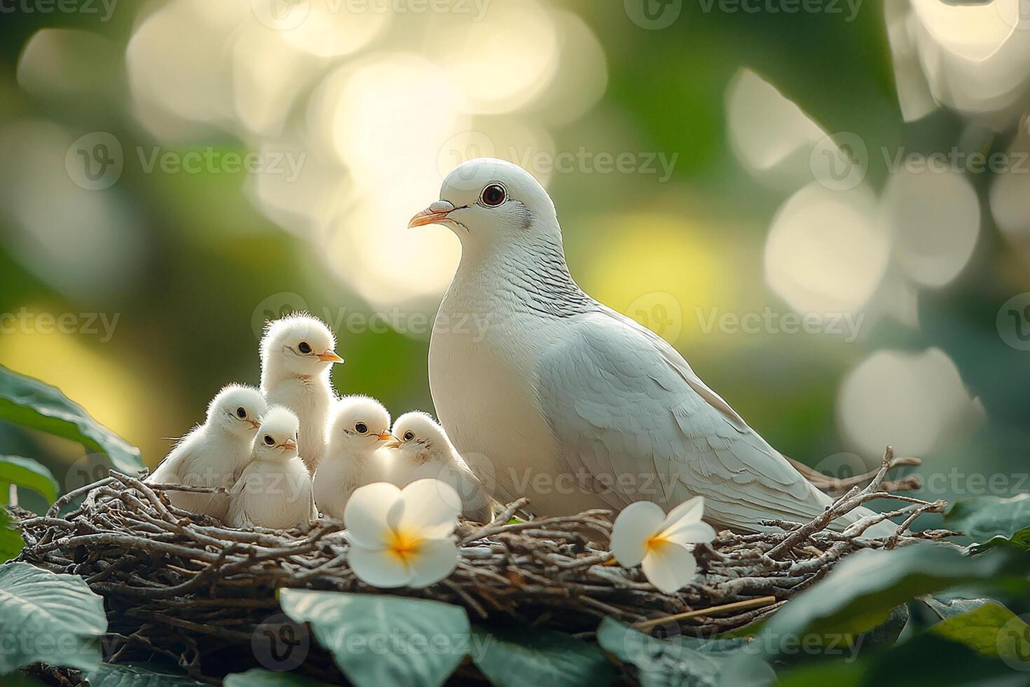 Dove Bird playing with family in beautiful background photo