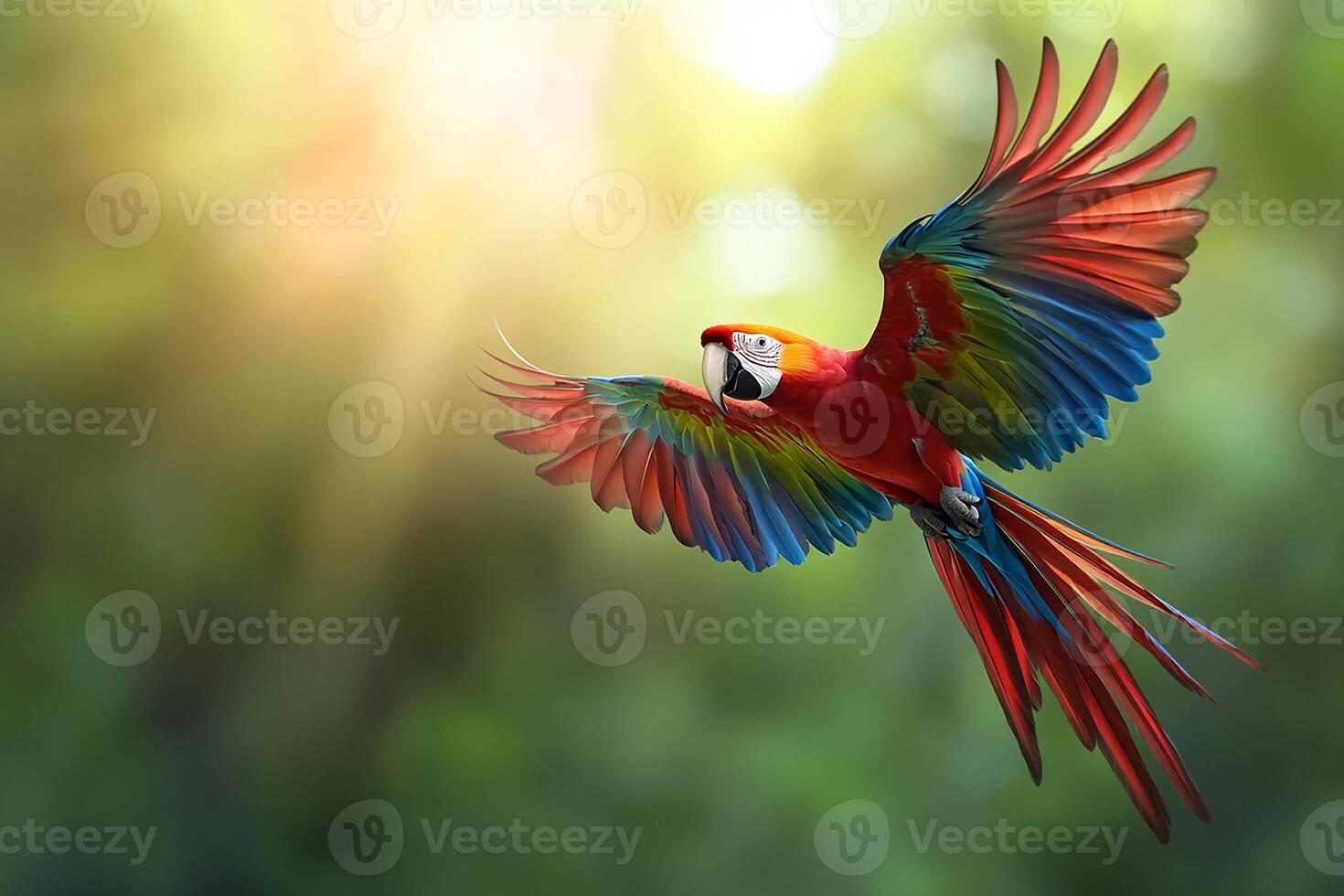 Flying ara parrot isolated on blurred beautiful background photo