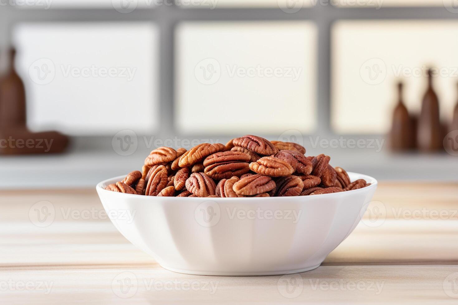 realistic pecans on white bowl with copy space beautifu photo