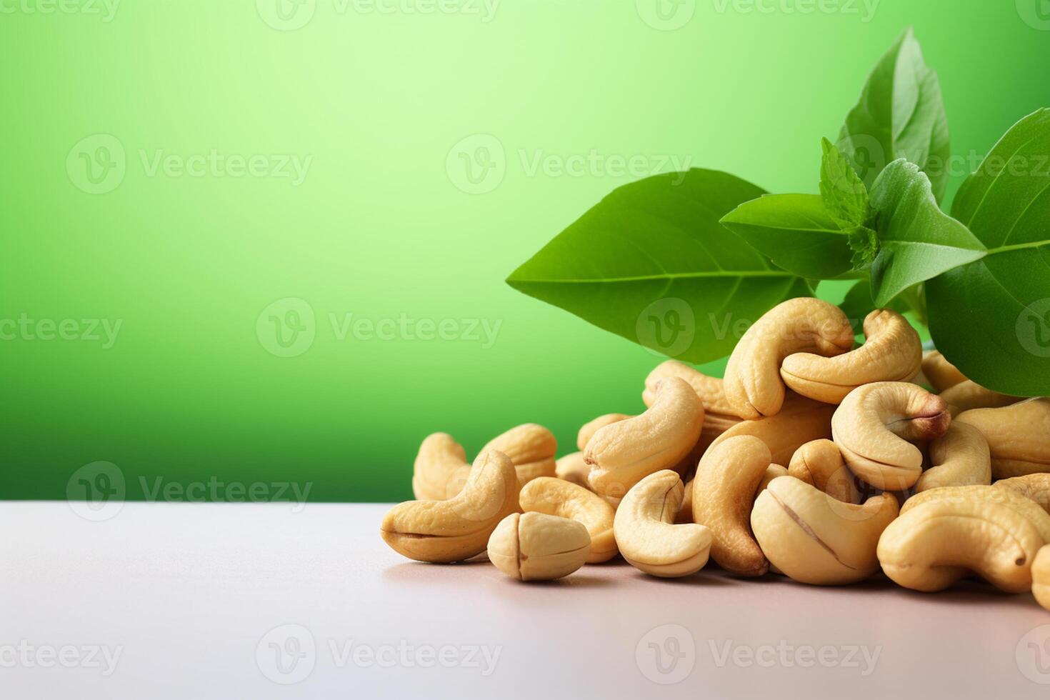 hiper realistic cashew nuts with leaves close up side photo