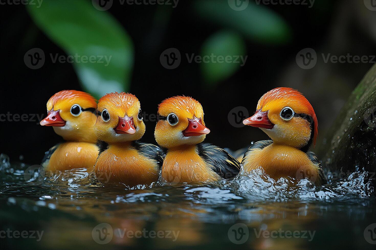 Mandarin Duck group is swearing water in the beautiful background photo