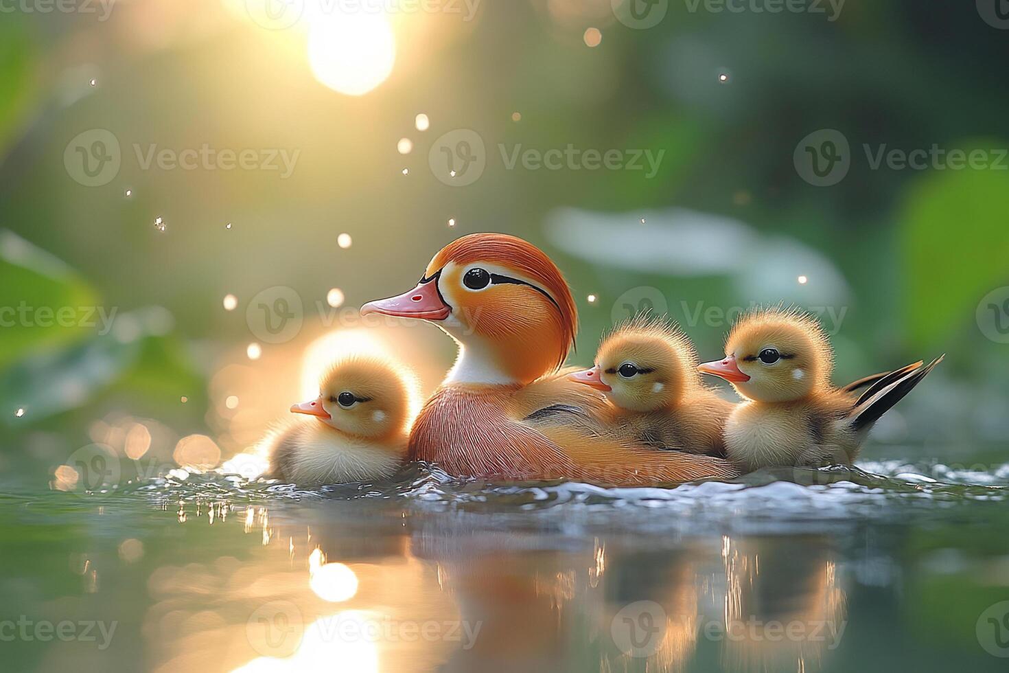 Tow Mandarin Duck playing with family in the Brazil beautiful background photo