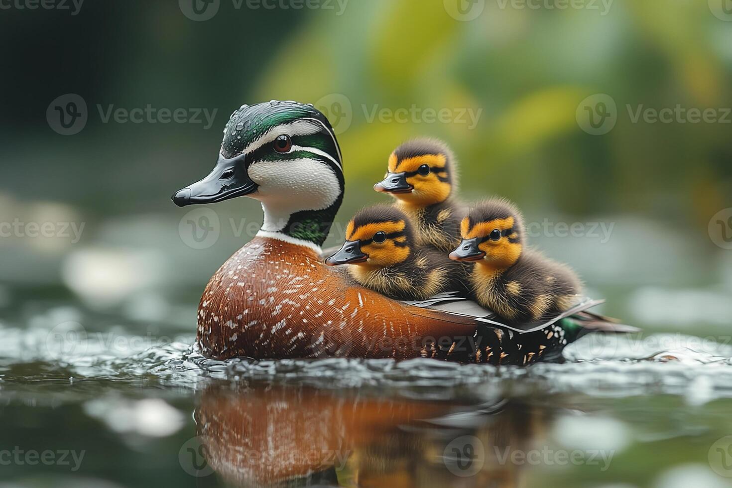 Tow Wood Duck playing with family in the Brazil beautiful background photo