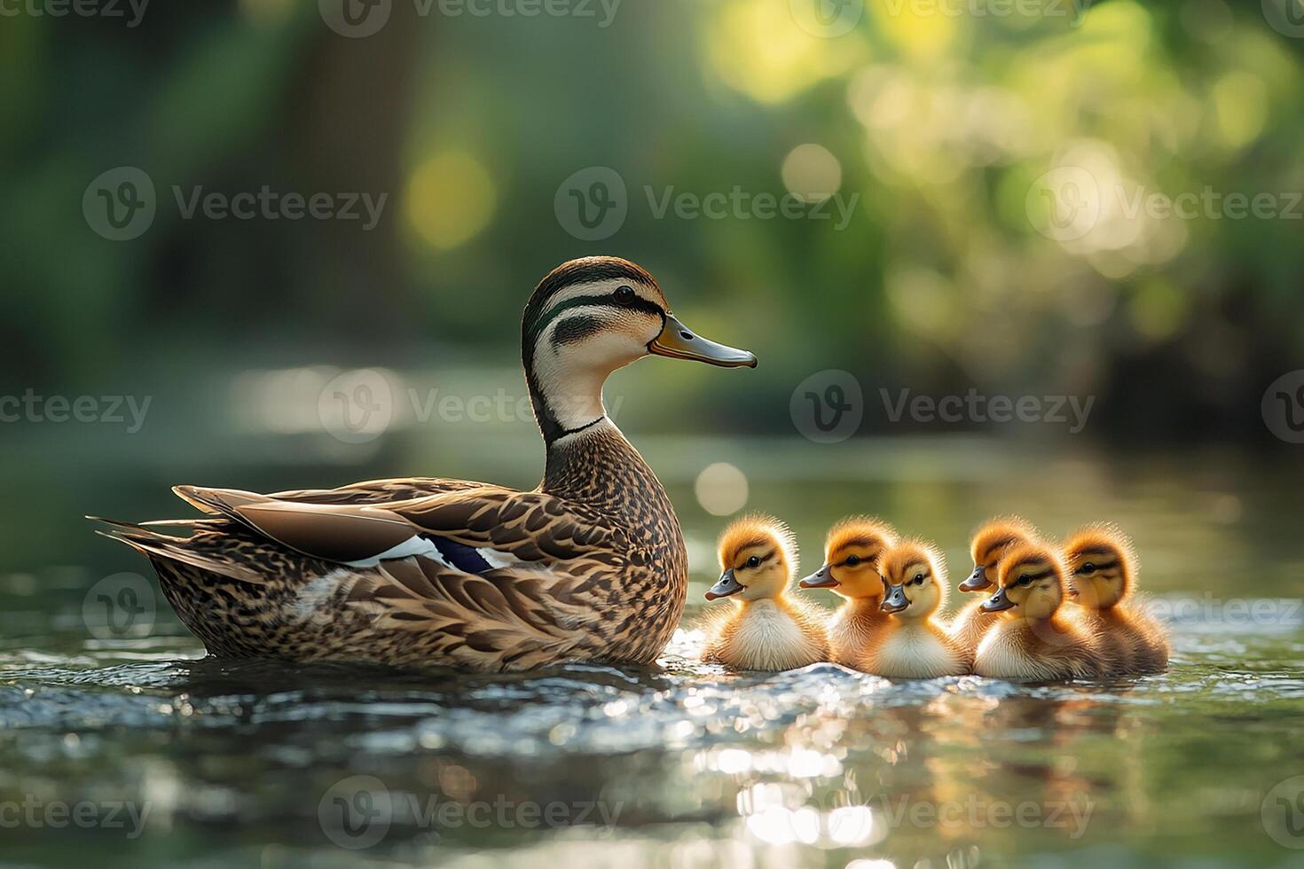 Tow Wood Duck playing with family beautiful background photo