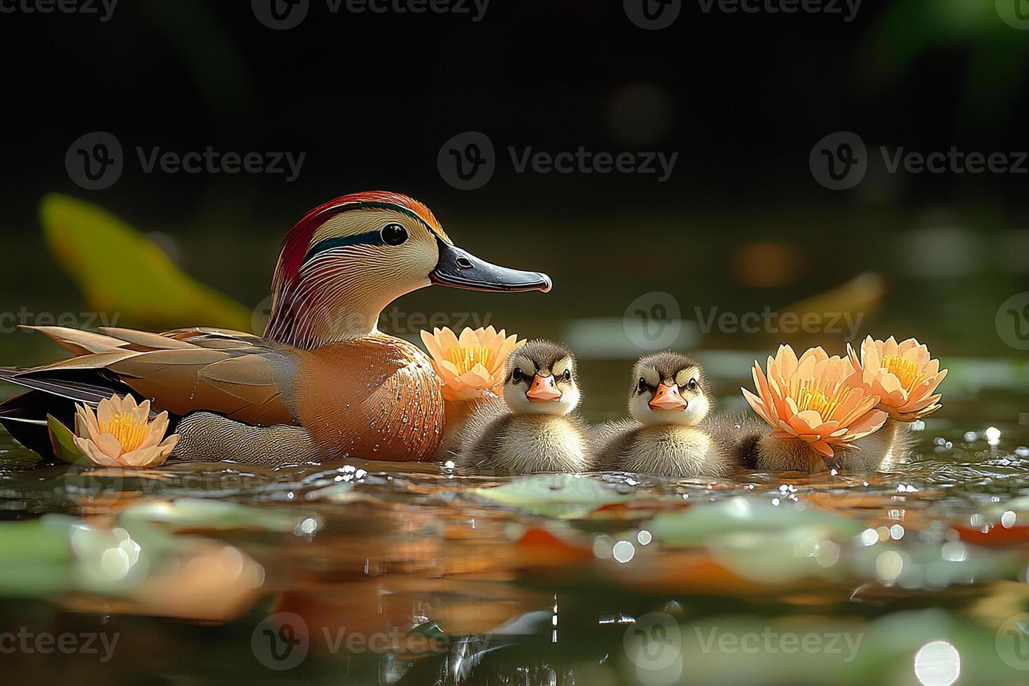 Tow Mandarin Duck playing with family in the beautiful background photo