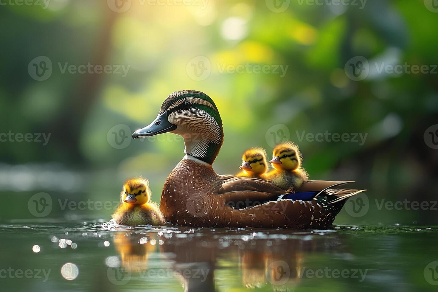 Tow Wood Duck playing with family in beautiful background photo