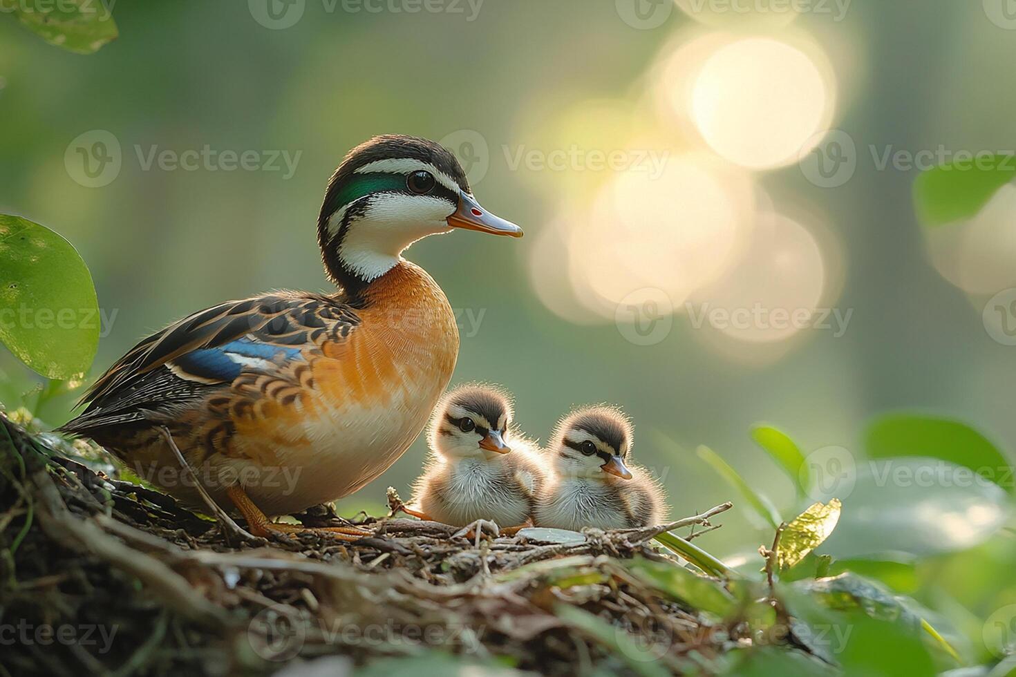 Tow Wood Duck playing with family in the beautiful background photo