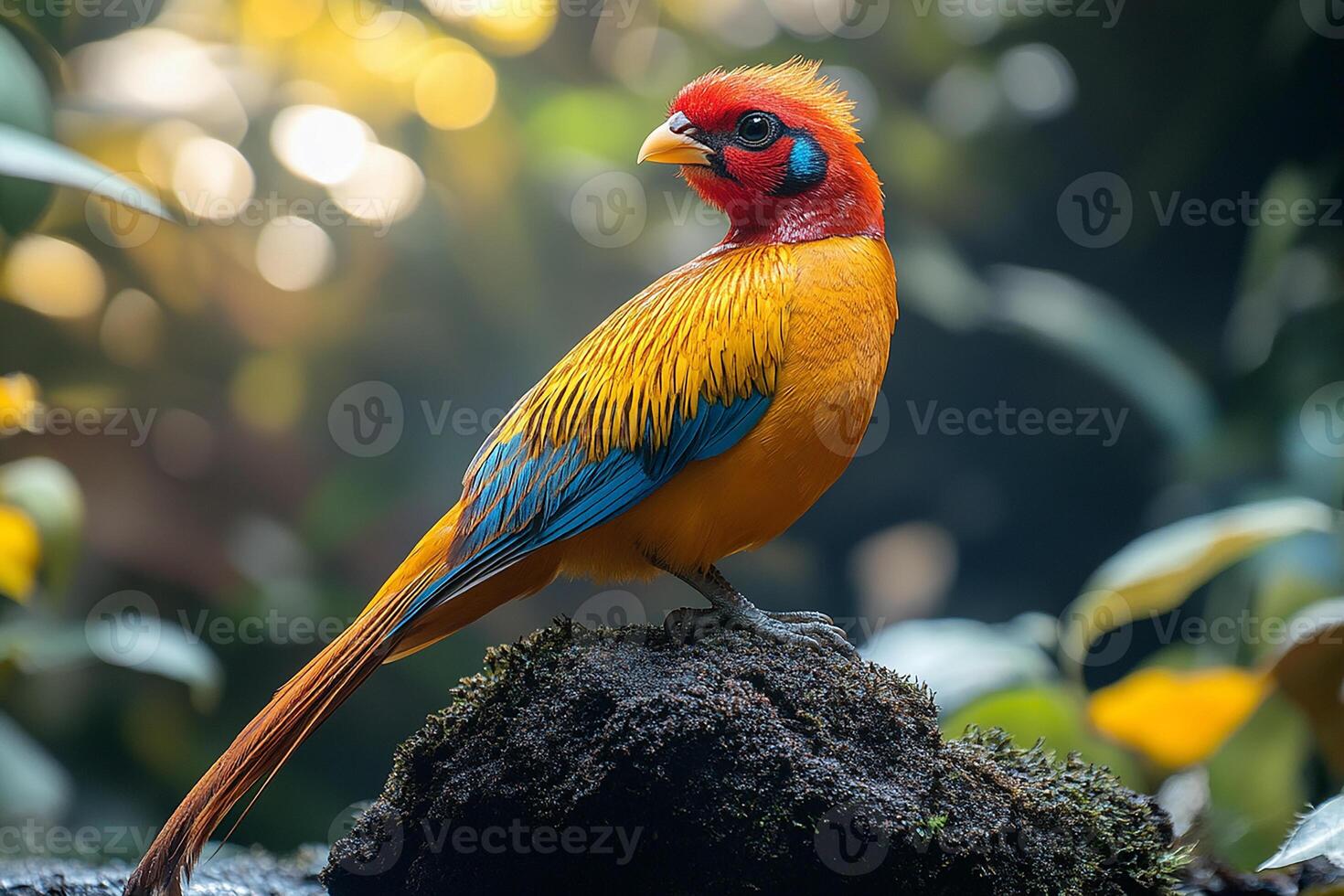 A full body A sad golden pheasant living in beautiful background photo