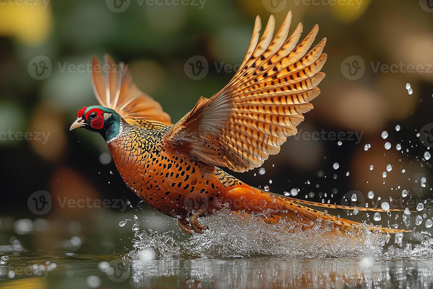 A full body A golden pheasant in flight catching fish beautiful background photo