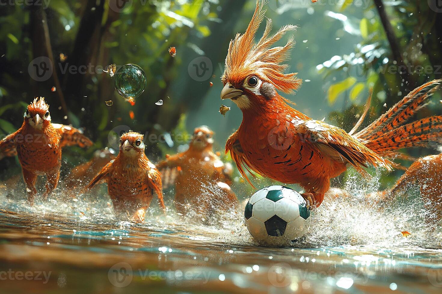 Artwork Golden Pheasant group playing football beautiful background photo