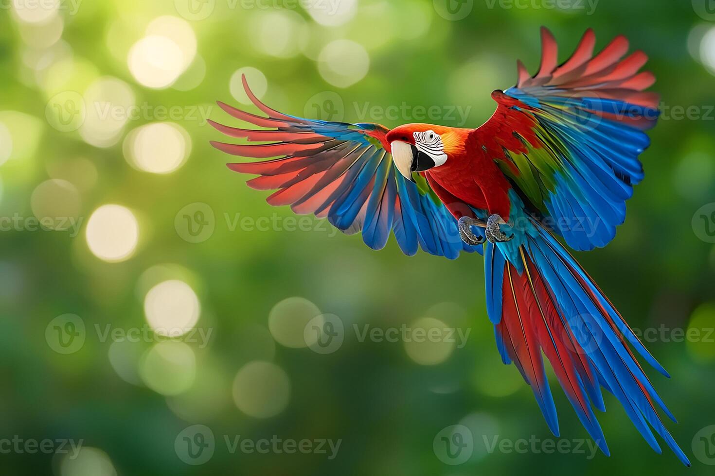 Flying ara parrot on blurred green beautiful background photo