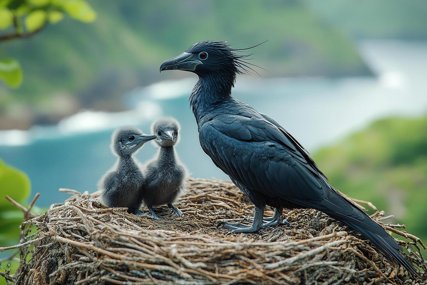 Tow Frigatebird Bird playing with family beautiful background photo