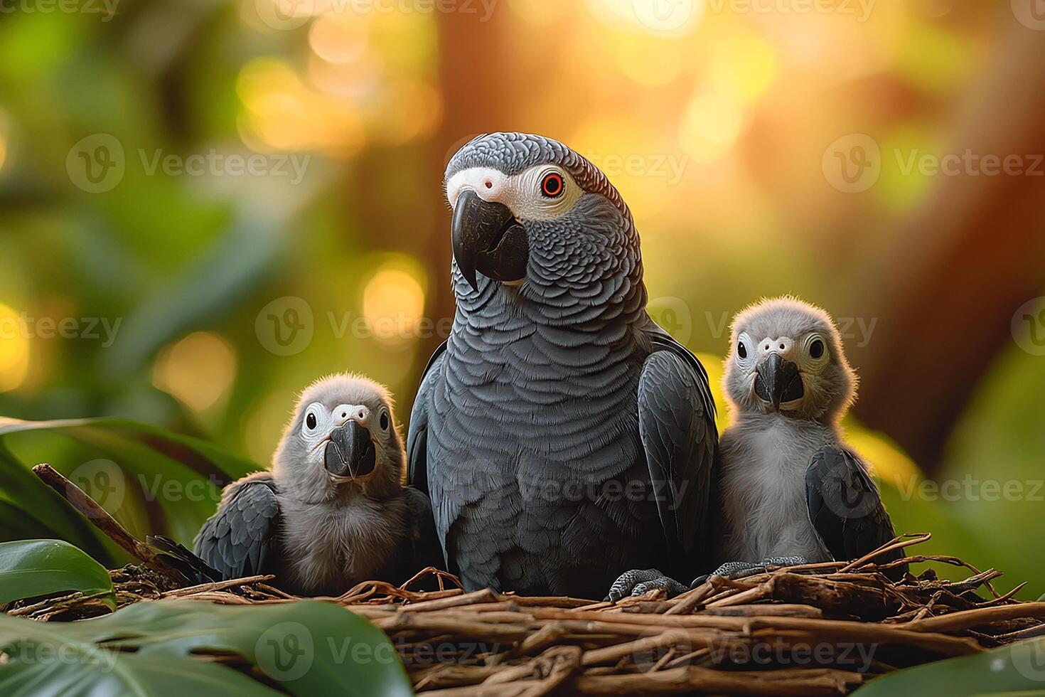 African Grey Parrot Bird playing with family in the beautiful background photo