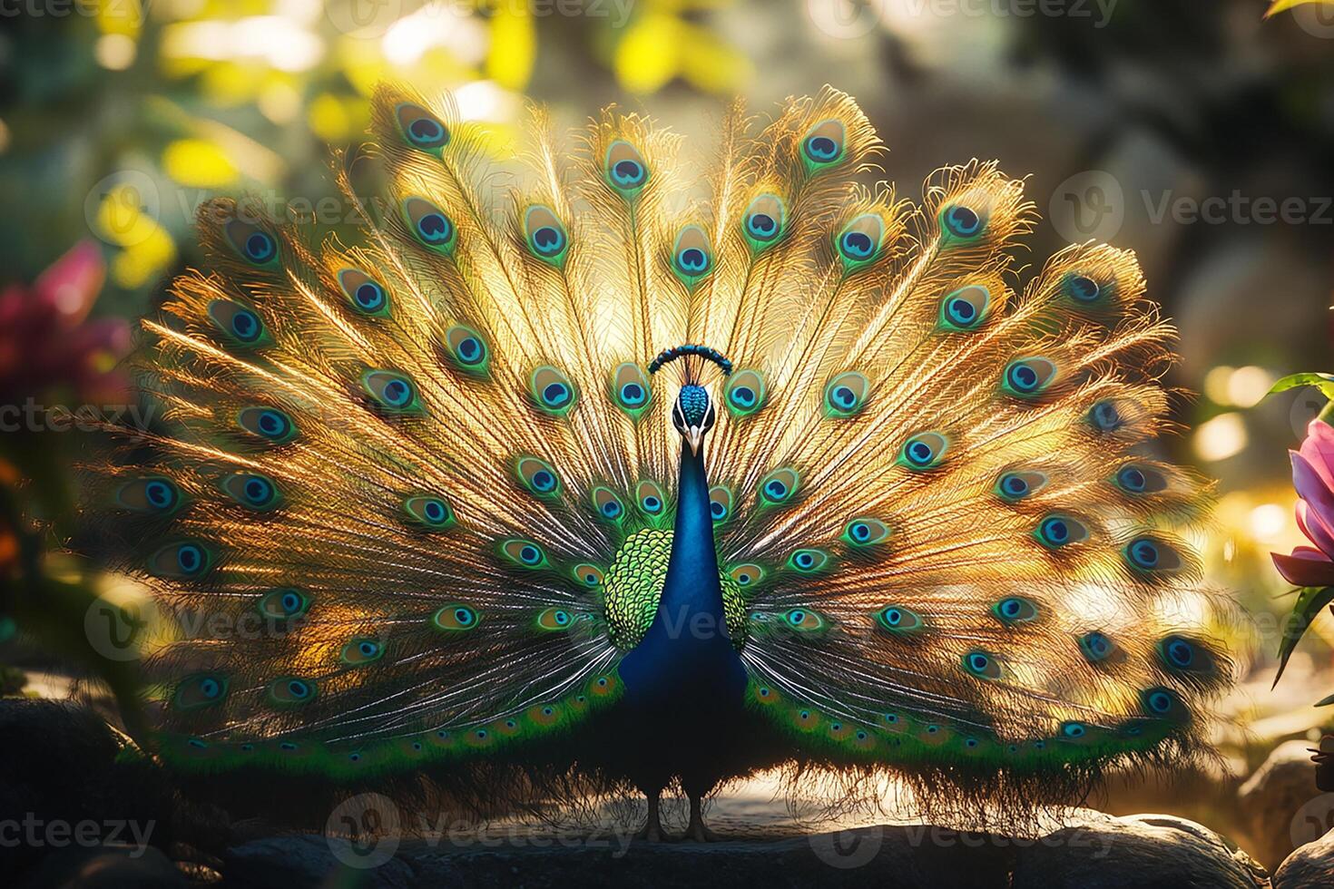 hyper realistic Majestic Peacock Displaying Feathers beautiful background photo