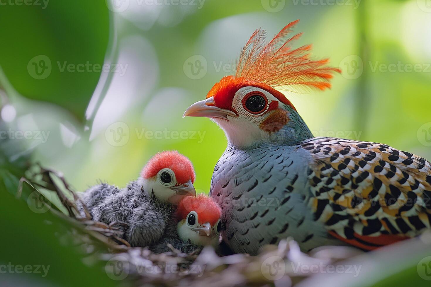 Tow Silver Pheasant Bird playing with family in the beautiful background photo