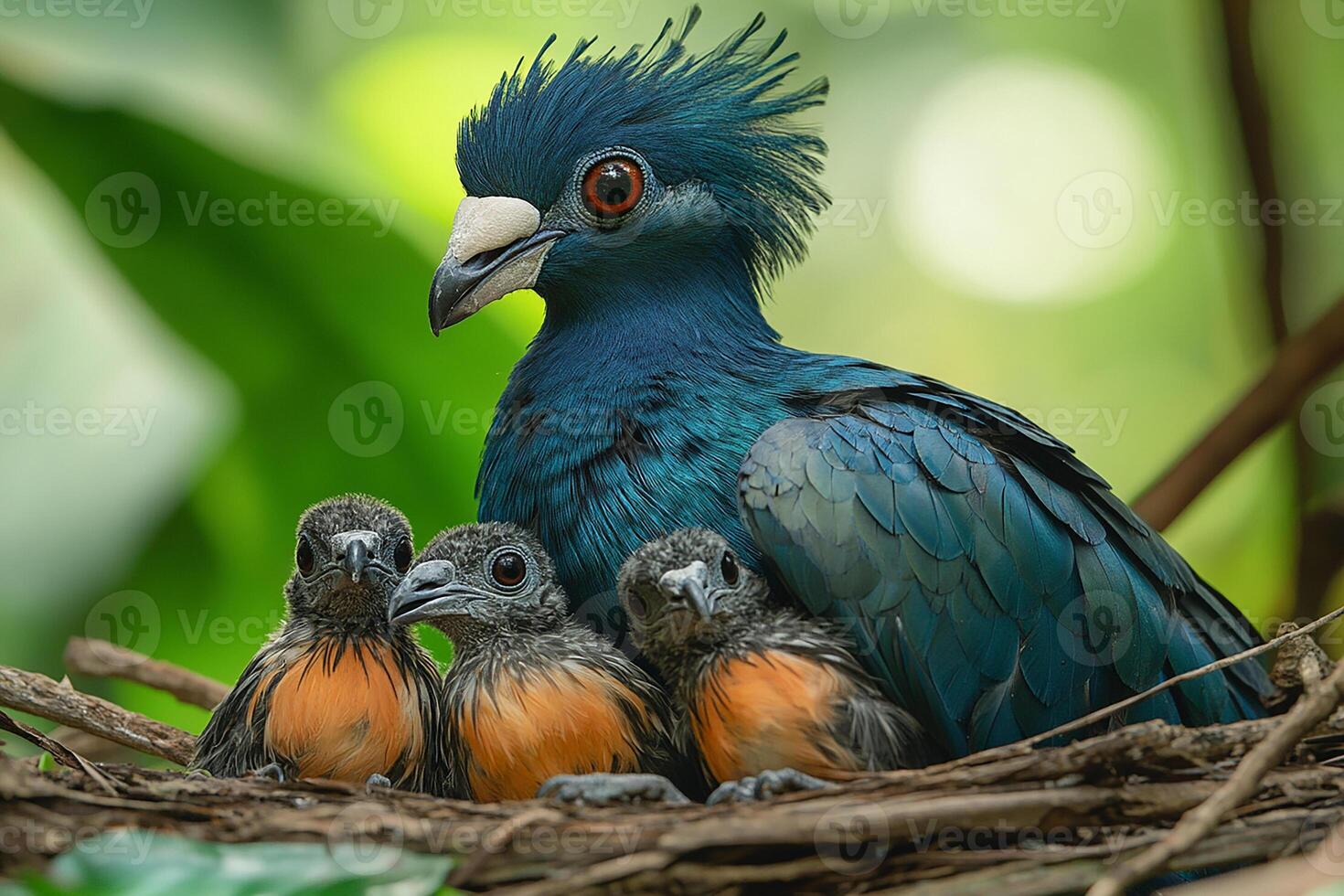 Nicobar Pigeon Bird playing with family in the beautiful background photo