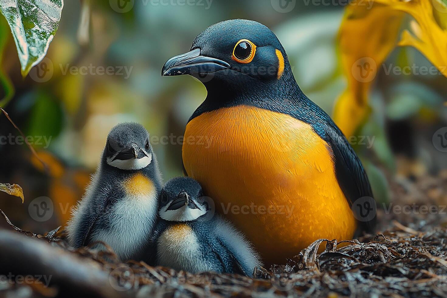 Tow Panguine Bird playing with family in beautiful background photo
