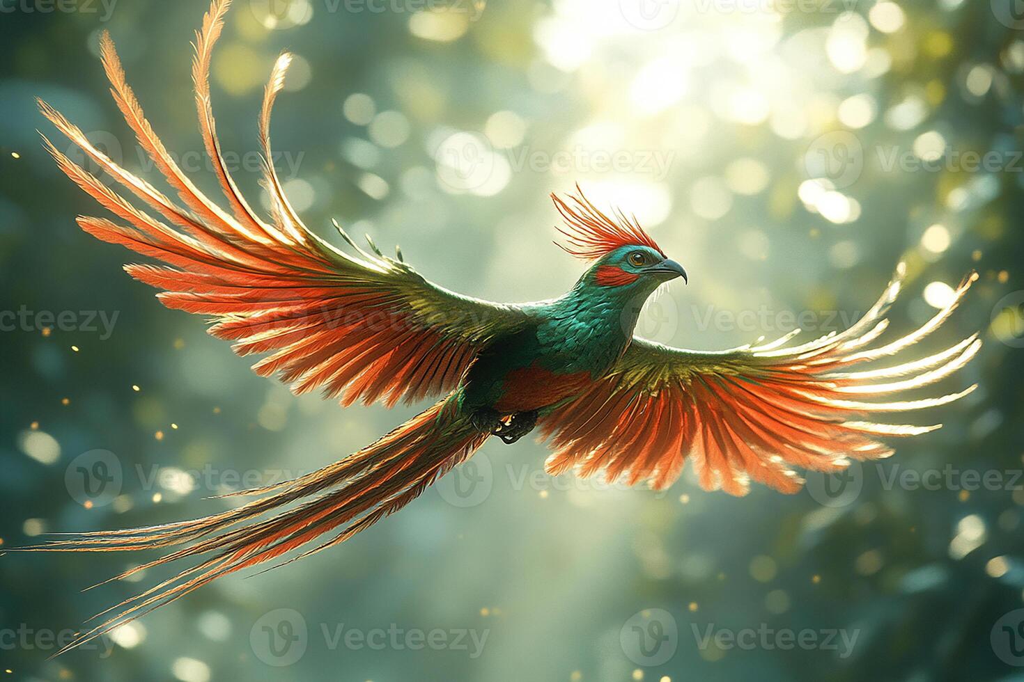 A quetzal bird with long tail feathers is flying beautiful background photo