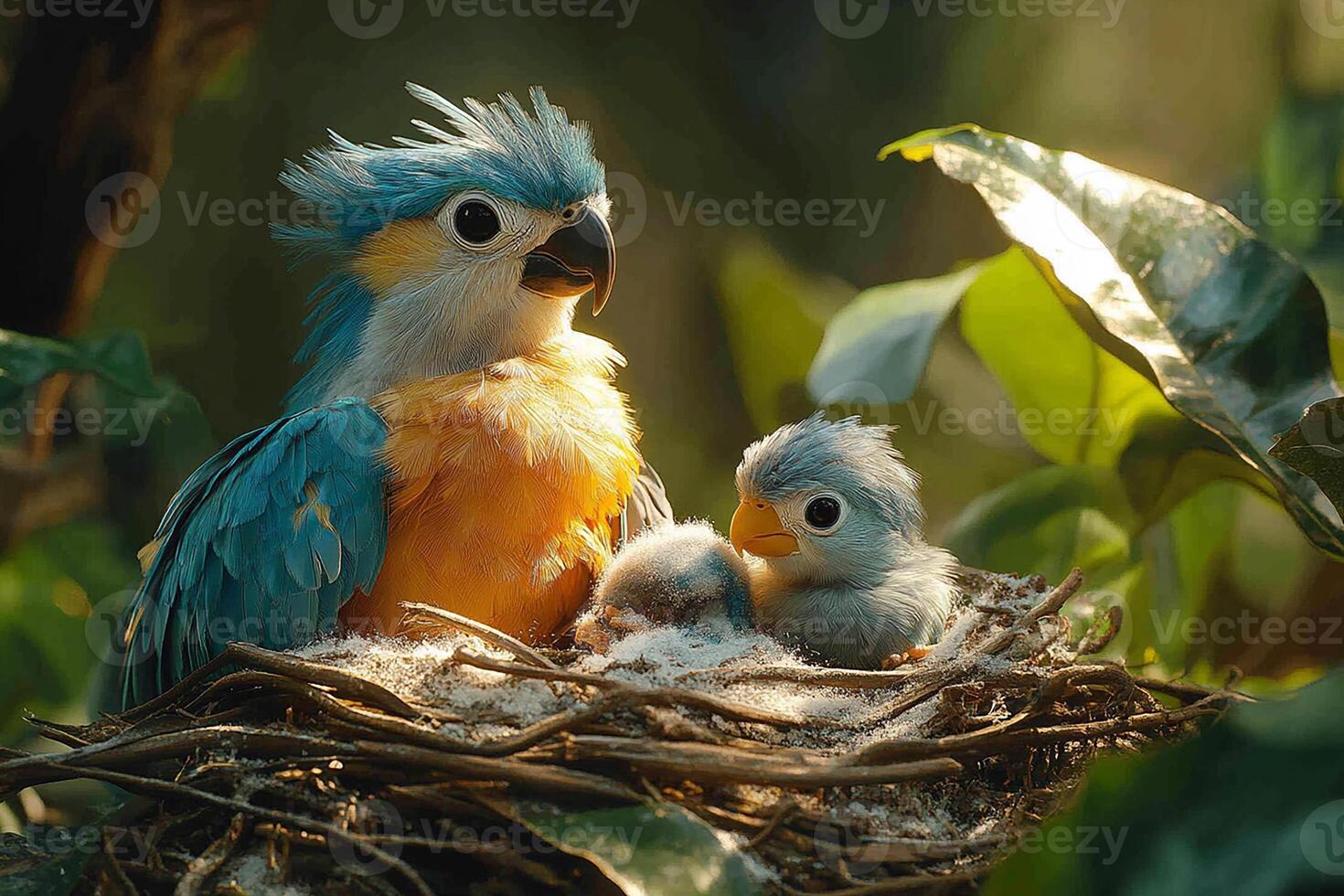 Tow Resplendent Quetzal playing with family in beautiful background photo