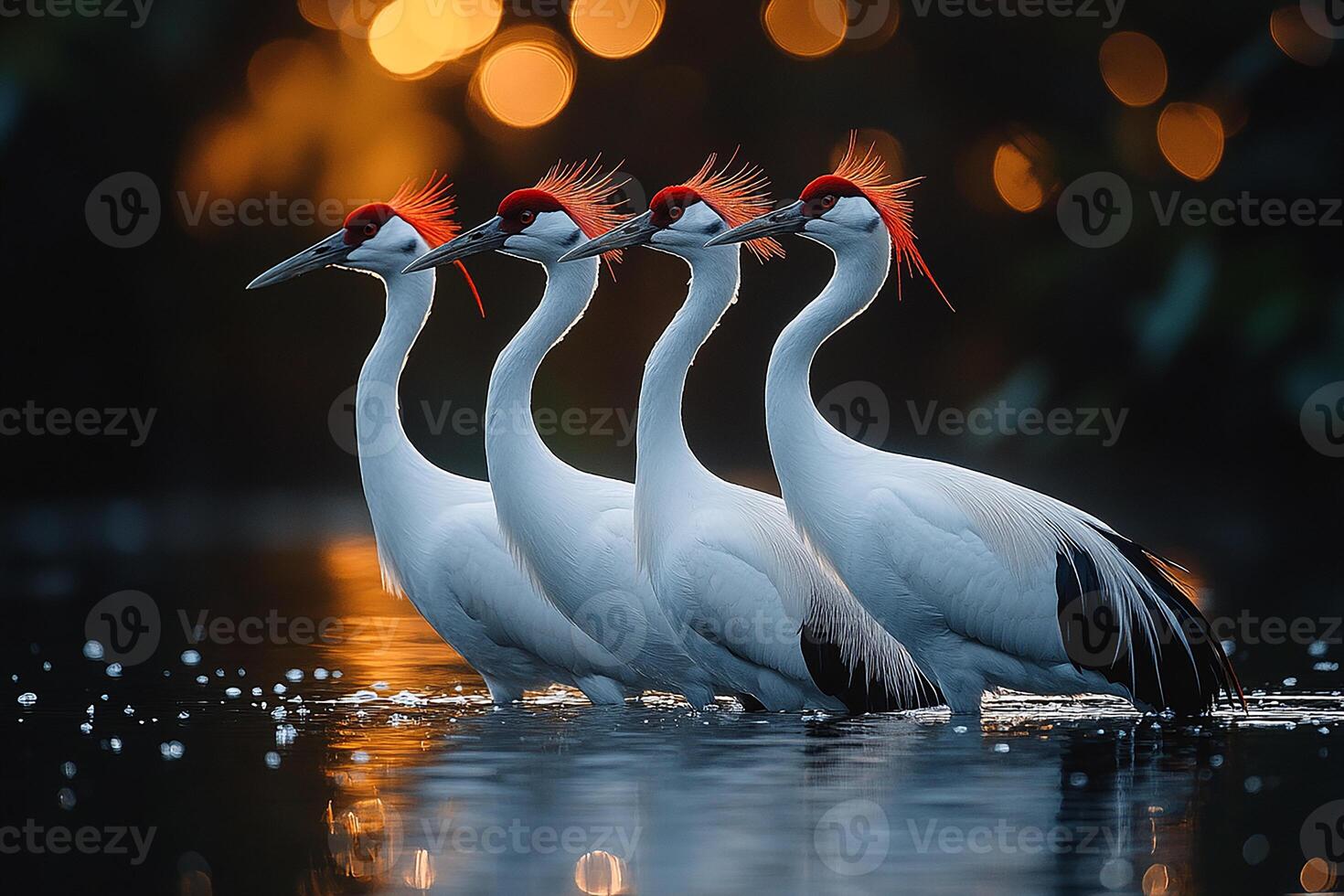 Red-Crowned Crane group is swearing water in the beautiful background photo