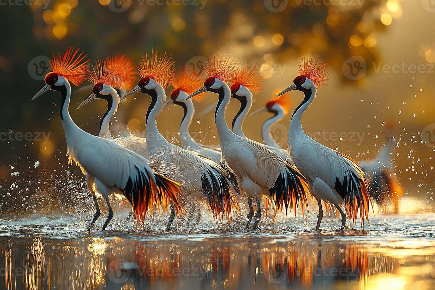 Crested Crane bird group is swearing water in the Brazil beautiful background photo