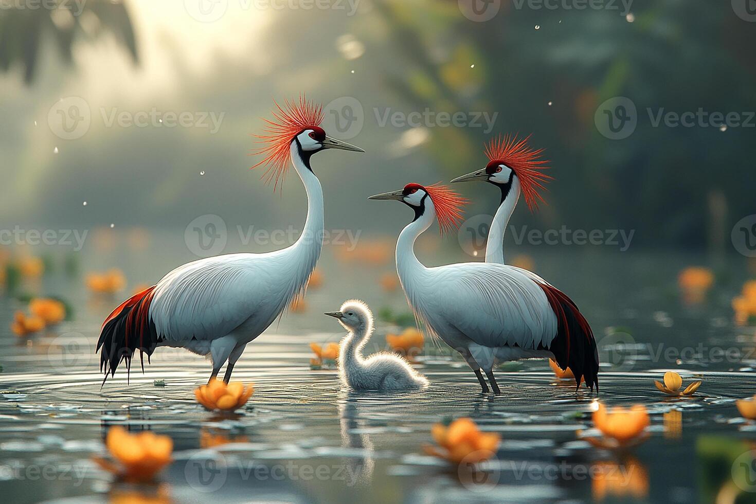 Tow Red-Crowned Crane playing with family in the Brazil beautiful background photo