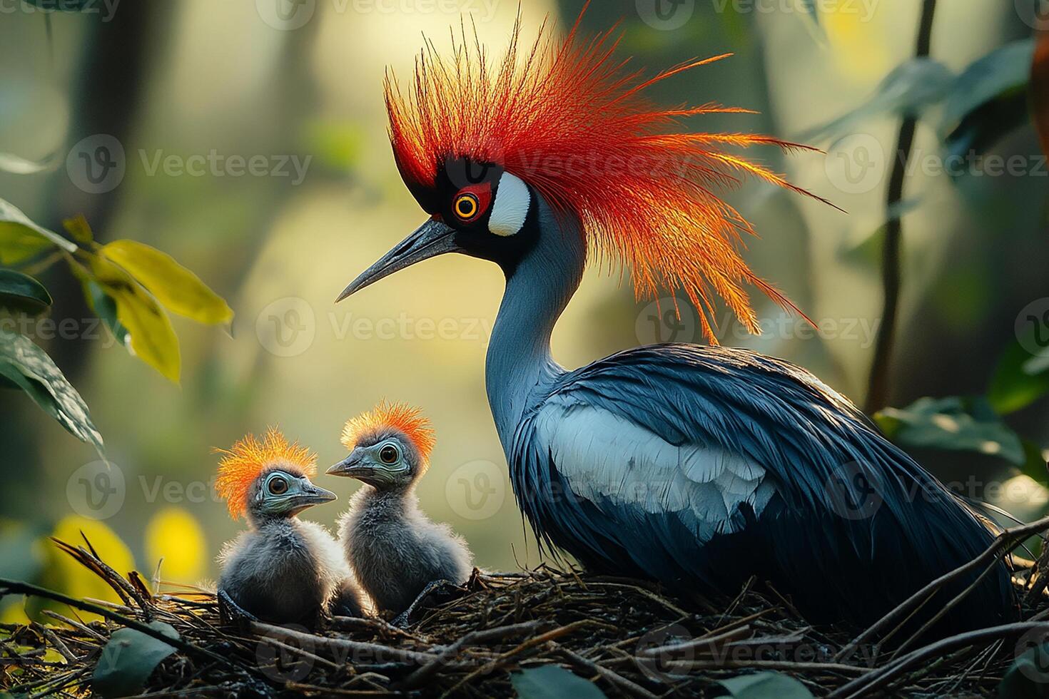 Tow Crested Cran Bird playing with family beautiful background photo