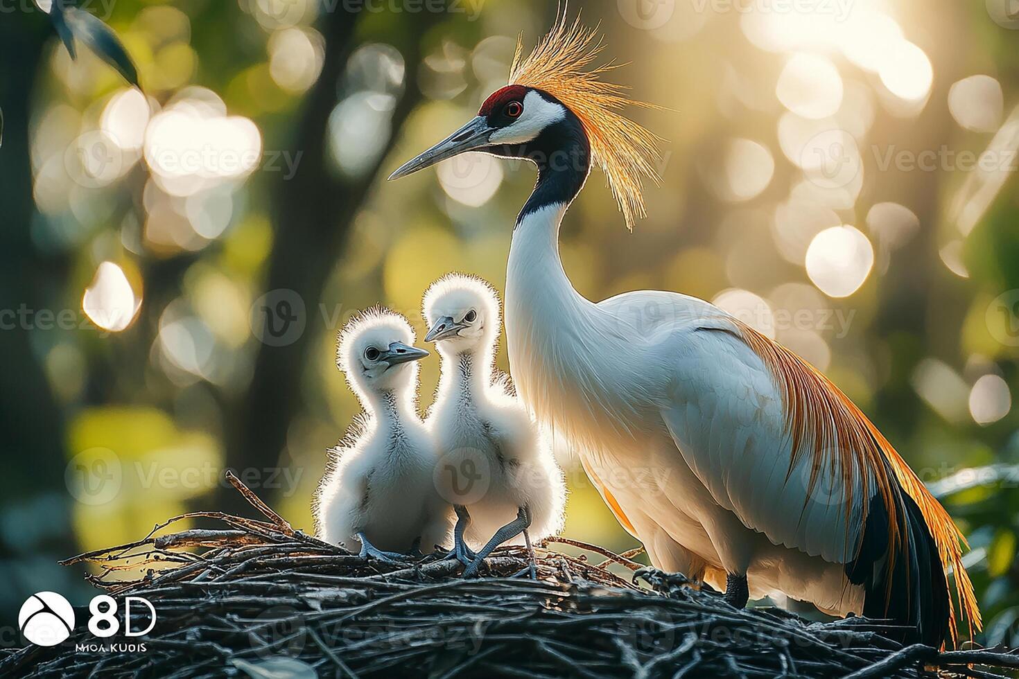 Tow Red-Crowned Crane playing with family in the beautiful background photo