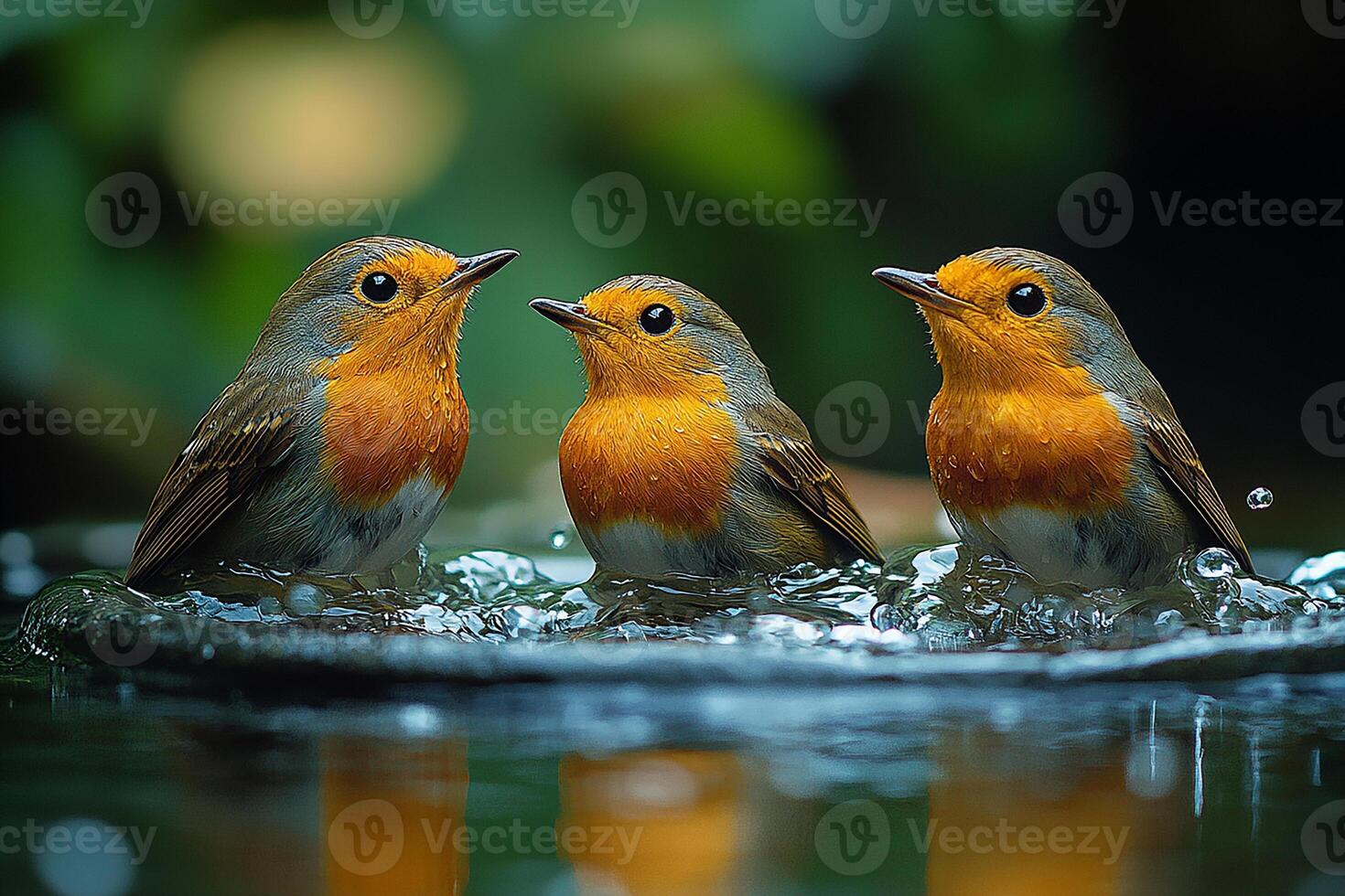 European Robin group is swearing water in beautiful background photo