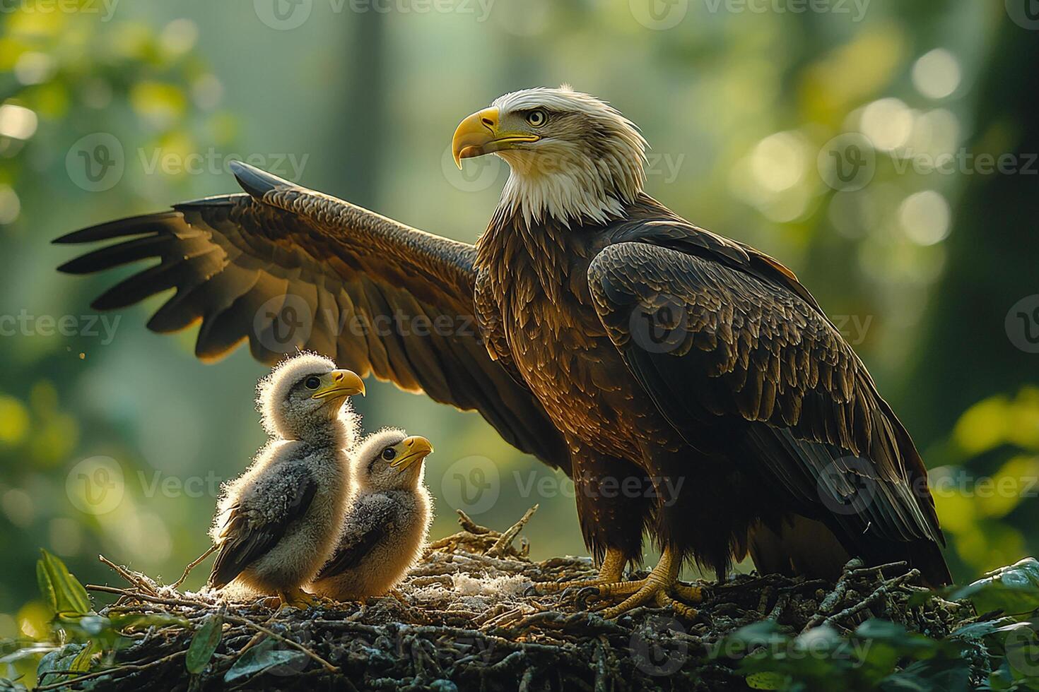Tow Bald Eagle playing with family in photo