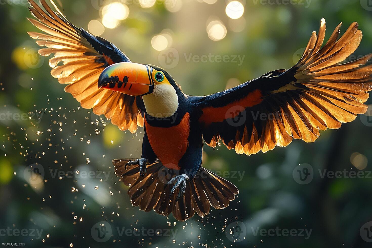 A toco toucan flew over the beautiful background photo